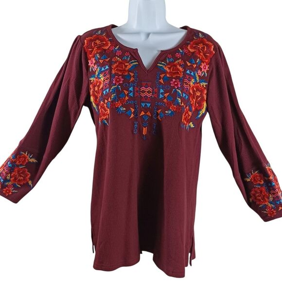Andree by Unit Boho Embroidered Burgundy Tunic Top Small Floral Aztec Peasant - Picture 2 of 9